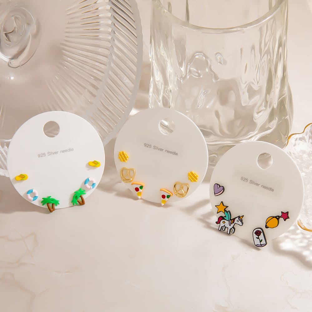 Cartoon Earring Set – Unicorn, Planet & Strawberry Studs (925 Silver)