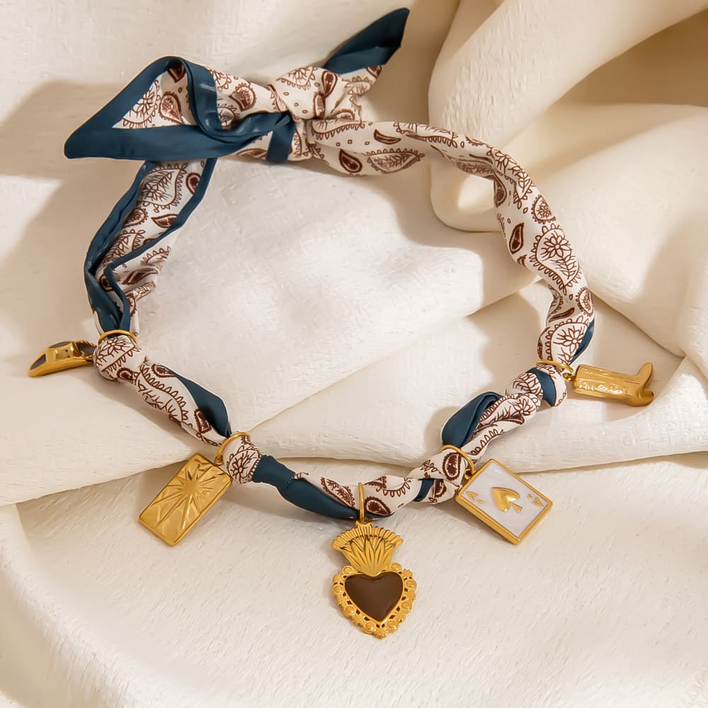 Affordable Bridesmaid Necklace – Printed Scarf Pendant with Heart & Playing Card Charms