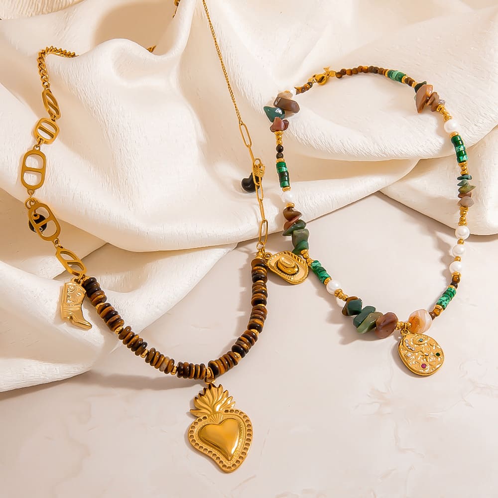 Affordable Necklaces – DIY Natural Stone Beaded Necklace with Cowboy Hat & Heart Pendants