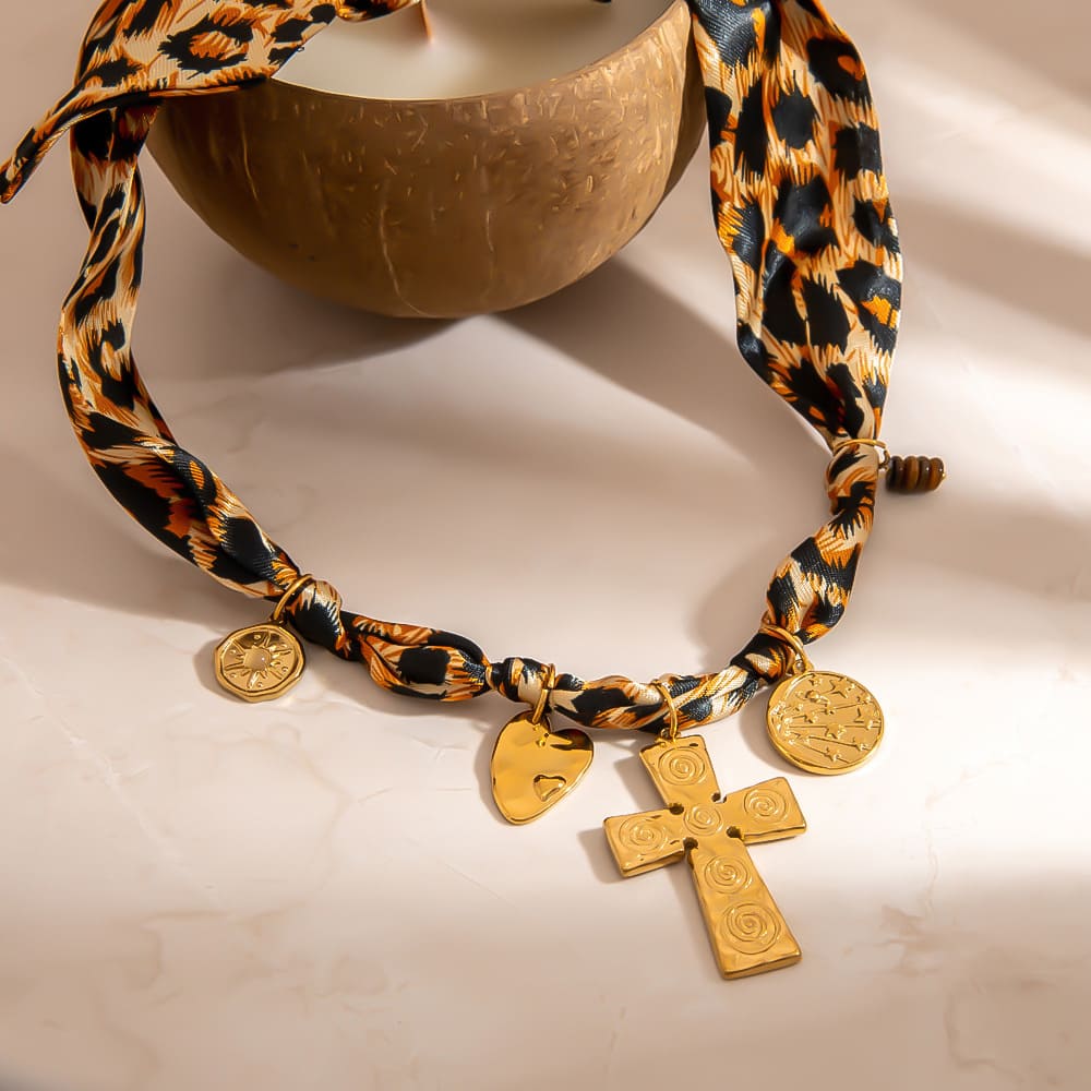 Fashion Scarf Necklace – Leopard Print with Creative Cross Pendant