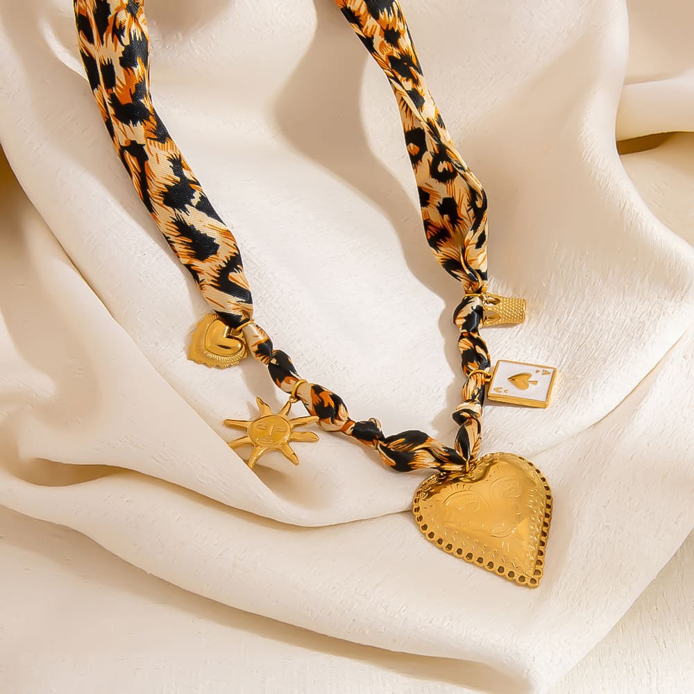 Statement Scarf Necklace – Leopard Print with Heart & Poker Charms