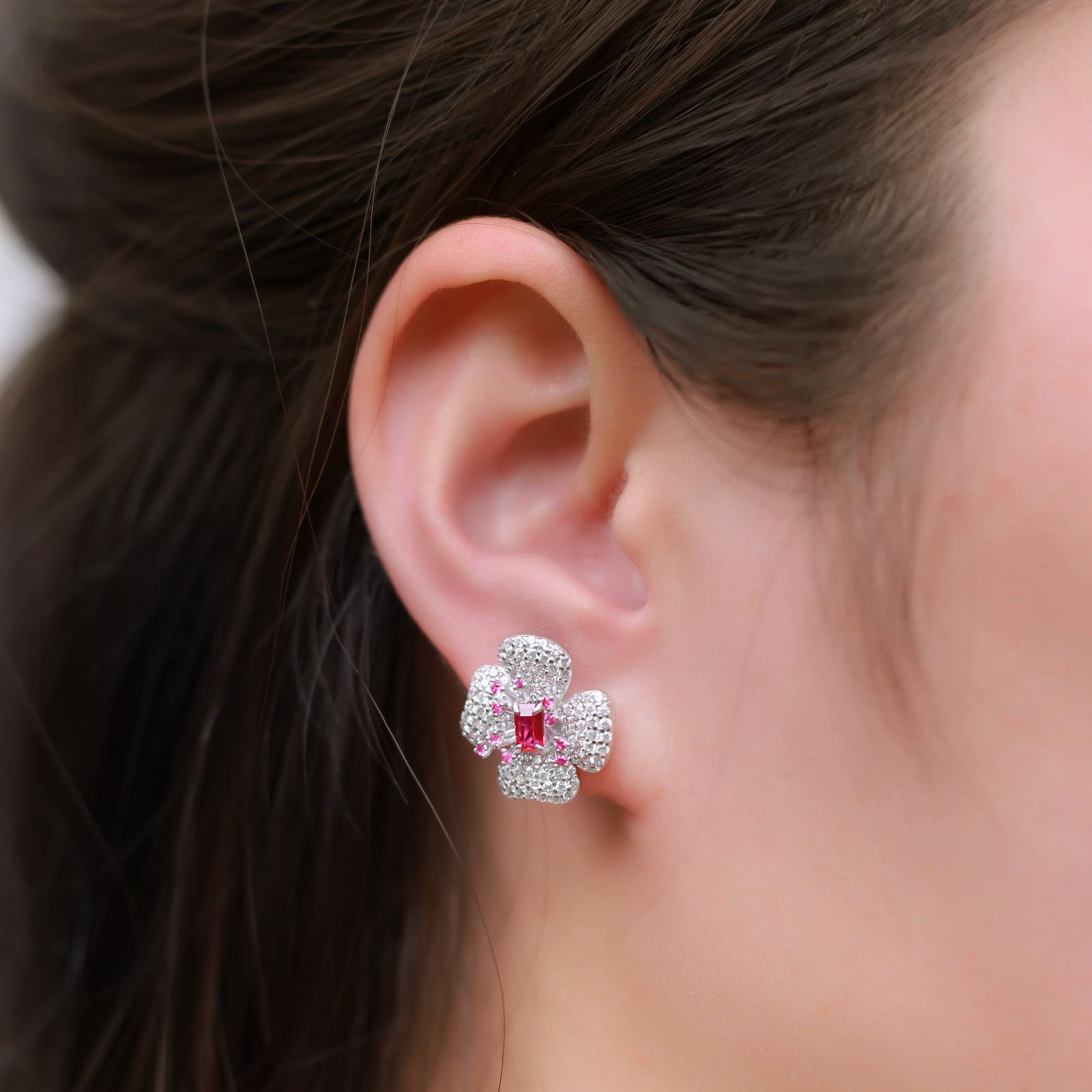 Four-Leaf Petal Lab Created Gemstone Earrings S925 Sterling Silver with Sapphire