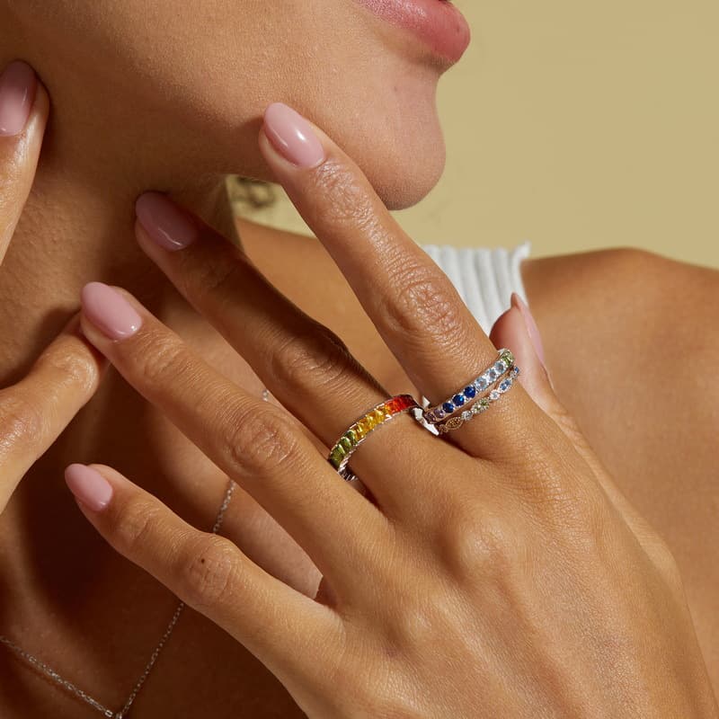 Rainbow CZ Ring Necklace Combo for Women – S925 Sterling Silver with Multi-Colored Gemstones