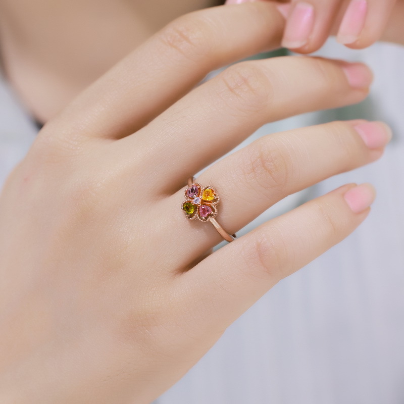 Clover Tourmaline Ring – S925 Silver with Rose Gold Plating, Open Band