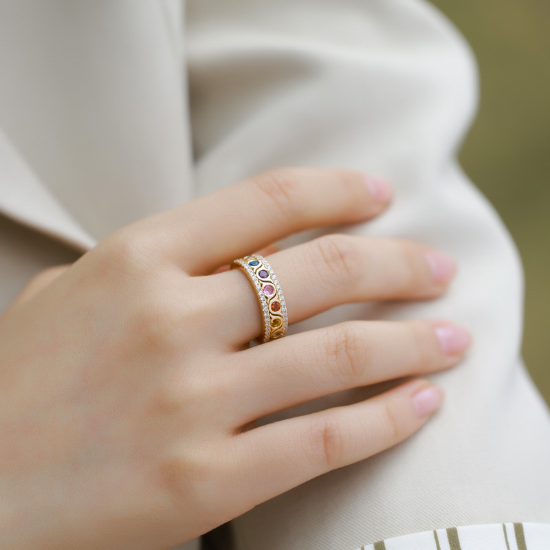 Rainbow CZ Ring for Women – S925 Silver Gold Plated with Multi-Colored Stones