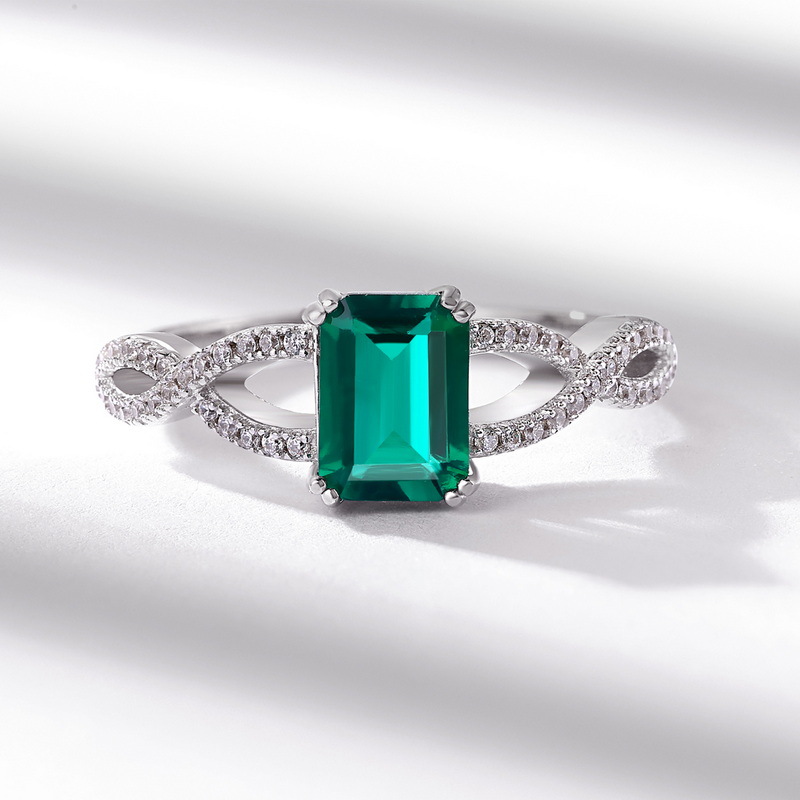 Elongated Cushion Cut Solitaire Ring – S925 Silver Emerald Twist Band