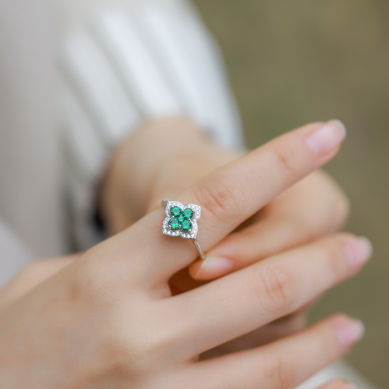 Sterling Silver Engagement Ring – Clover Leaf Lab Created Emerald