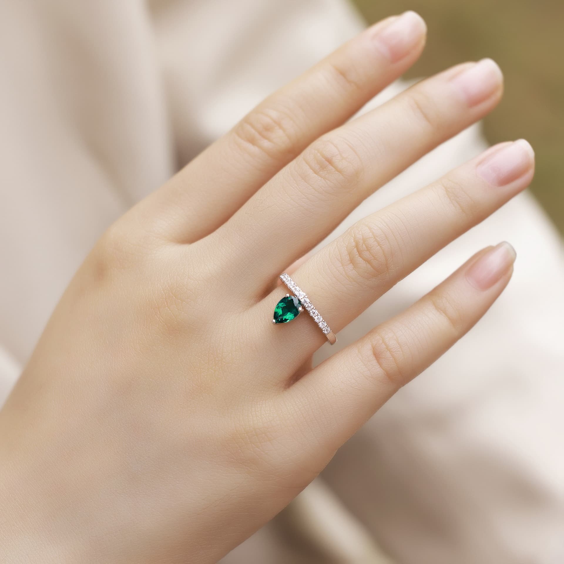 Pear Shaped Engagement Ring – Lab Created Emerald Adjustable S925 Silver  Summary