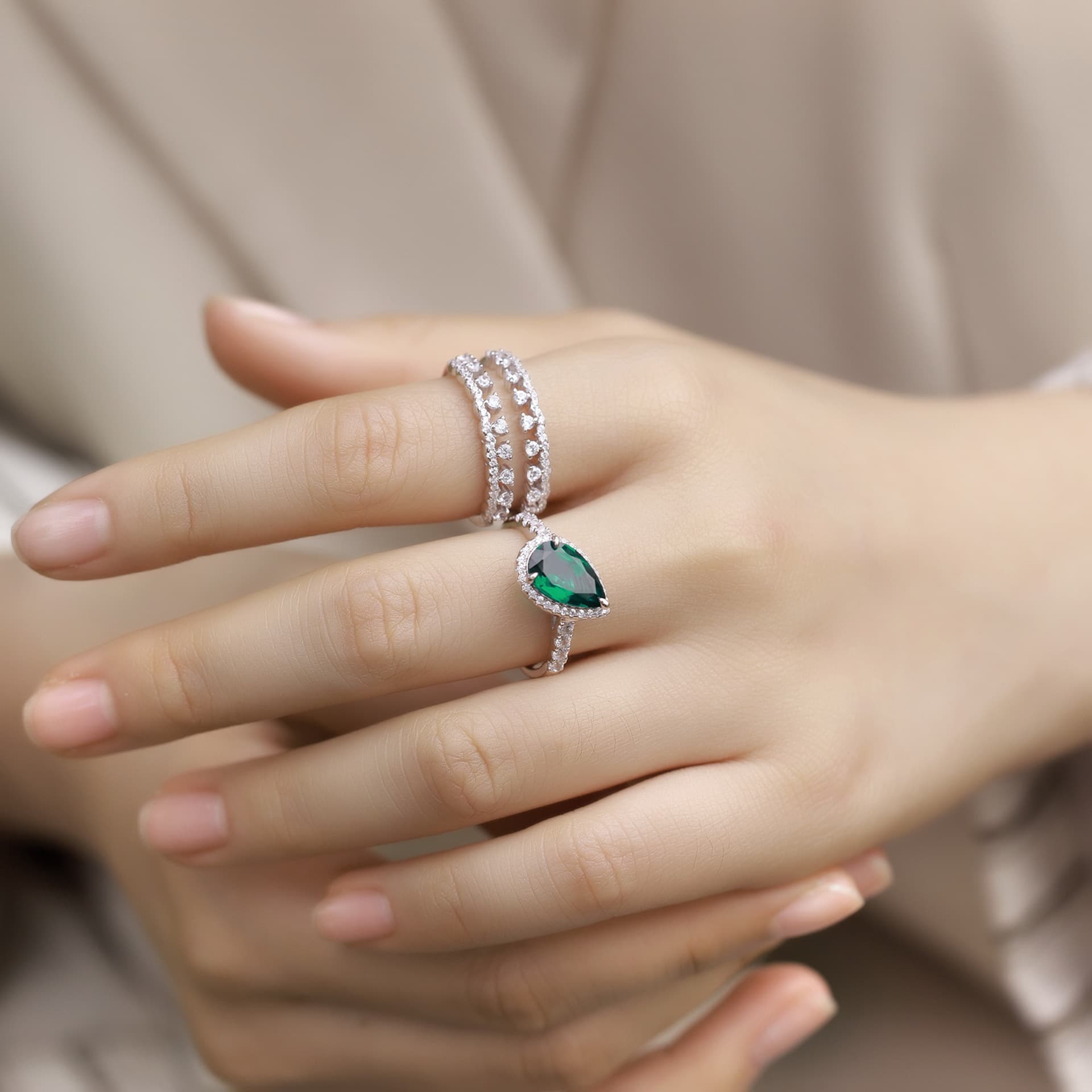 Teardrop Ring – S925 Silver Lab Created Emerald Stacking Jewelry