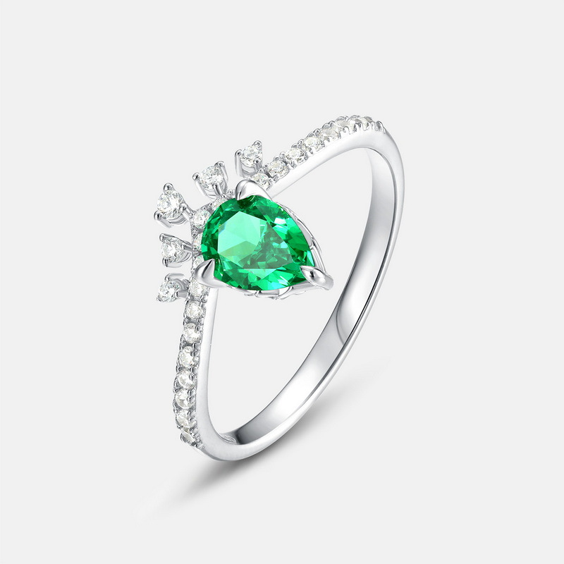 Pear Shaped Gemstone Ring – S925 Silver Lab Emerald Crown Ring