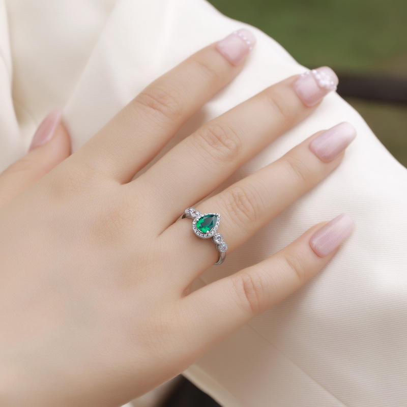 Pear Shaped Three Stone Ring – S925 Silver Lab Emerald Open Band