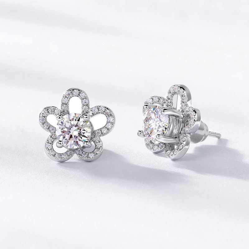Moissanite Flower Stud Earrings – S925 Silver Spring Summer Jewelry