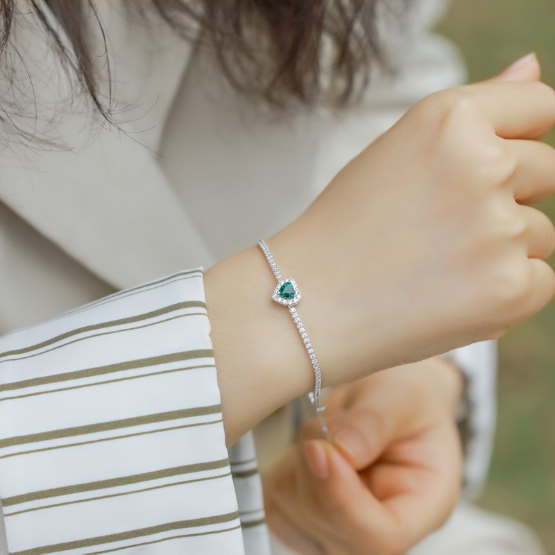 Emerald Bead Bracelet – S925 Silver Heart Lab-Created Emerald Jewelry