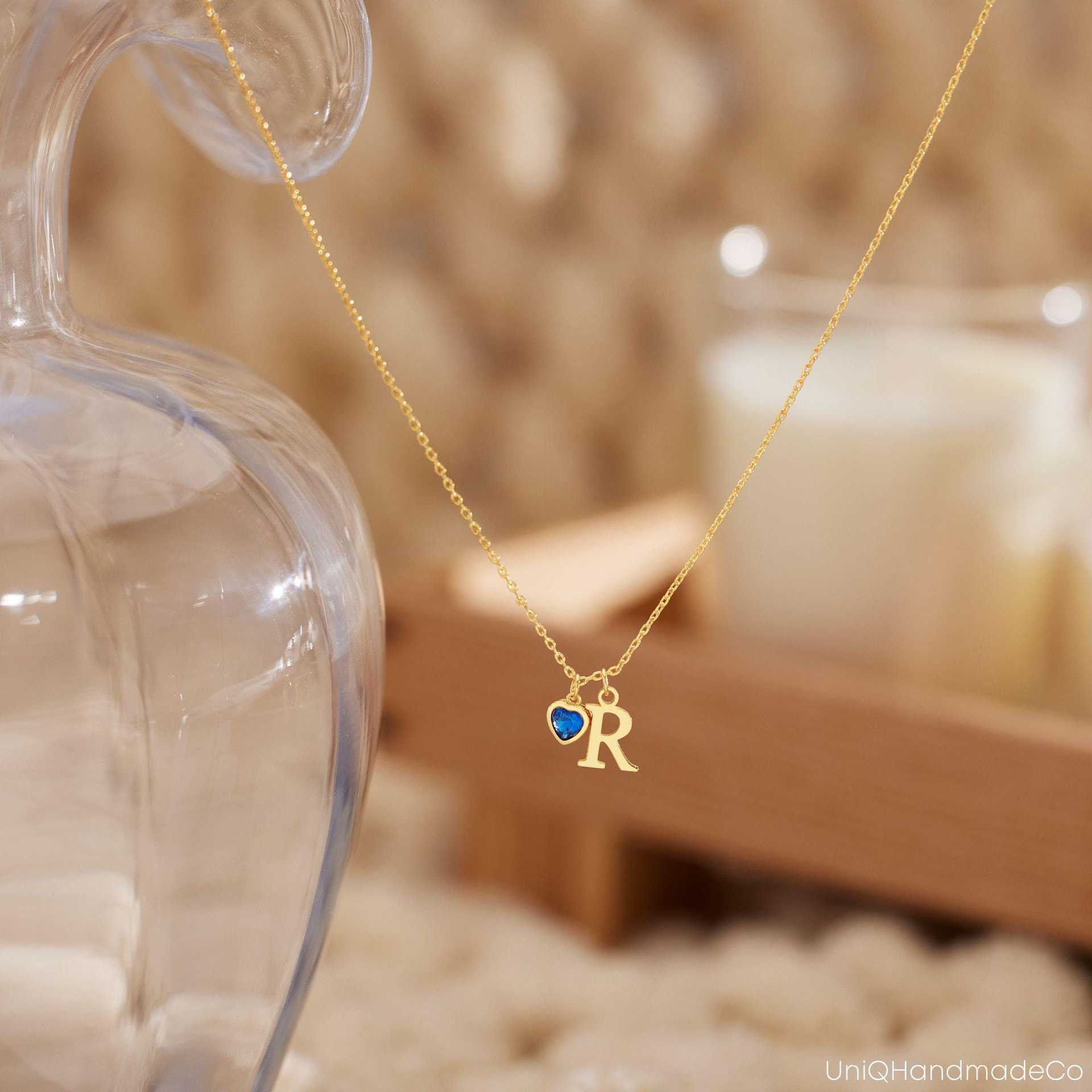 Initial Necklace – Gold Heart Birthstone Alphabet Pendant for Women