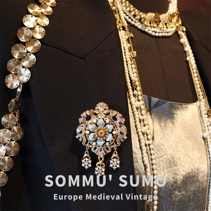 Vintage Brooch – Byzantine Blue Crystal Turquoise Enamel Pearl Pendant Pin