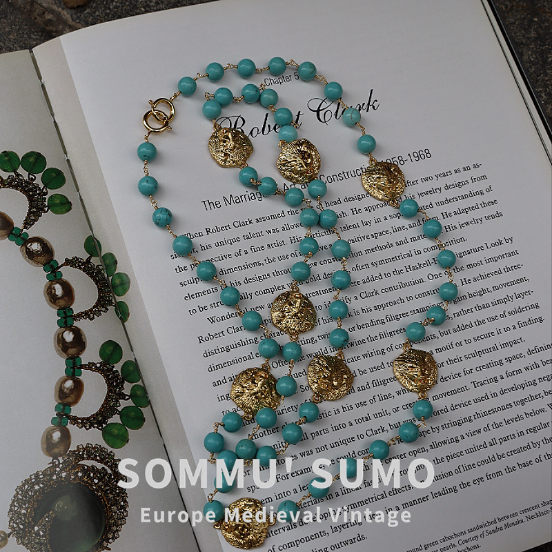 Pendant Necklace – Vintage Double-Sided Lion & Turquoise Long Statement Jewelry