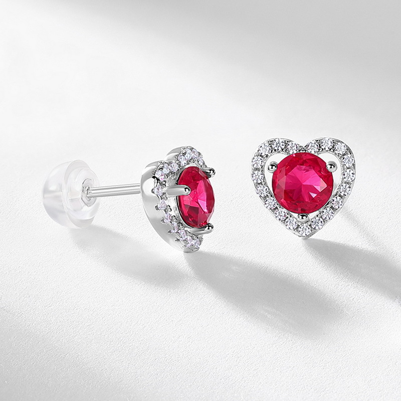 Ruby Stud Earrings - 925 Sterling Silver  Paved Heart Design