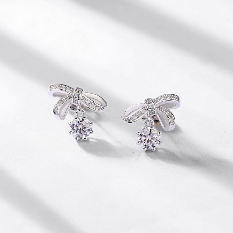 Bow Knot Moissanite Stud Earrings – S925 Silver Luxury Jewelry