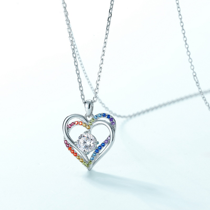 Rainbow Zircon Necklace – Heart Ocean Pendant in 925 Sterling Silver