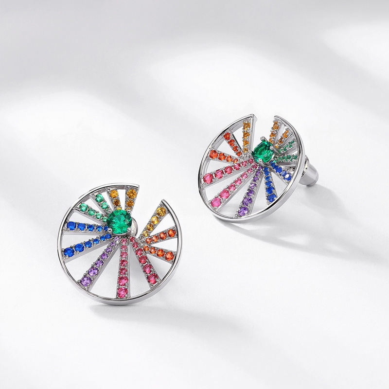 Rainbow Zircon Earrings – 925 Sterling Silver Round Stud Earrings
