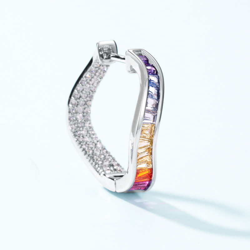 Rainbow Zircon Earrings – Irregular Pavé Hoop Earrings in 925 Silver