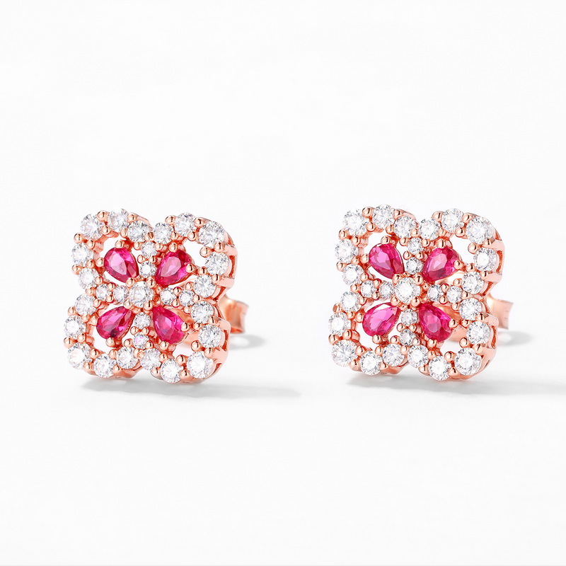 Ruby Stud Earrings – S925 Sterling Silver Four-Leaf Petal Design