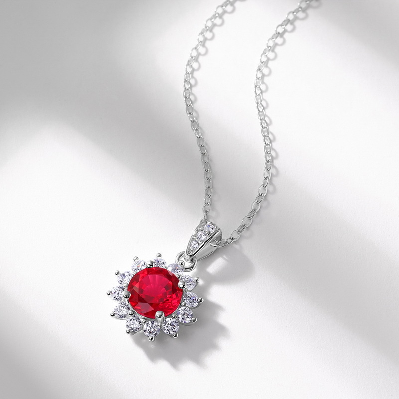 Ruby Pendant Necklace – Sunflower Design S925 Sterling Silver Necklace