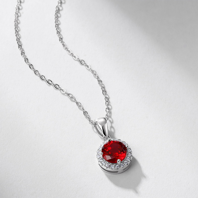Ruby Pendant Necklace – S925 Sterling Silver Round Collarbone Necklace