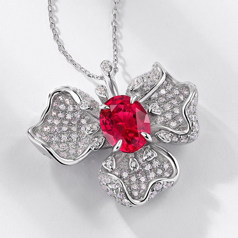 Ruby Pendant Necklace-925 Sterling Silver – Floral Design