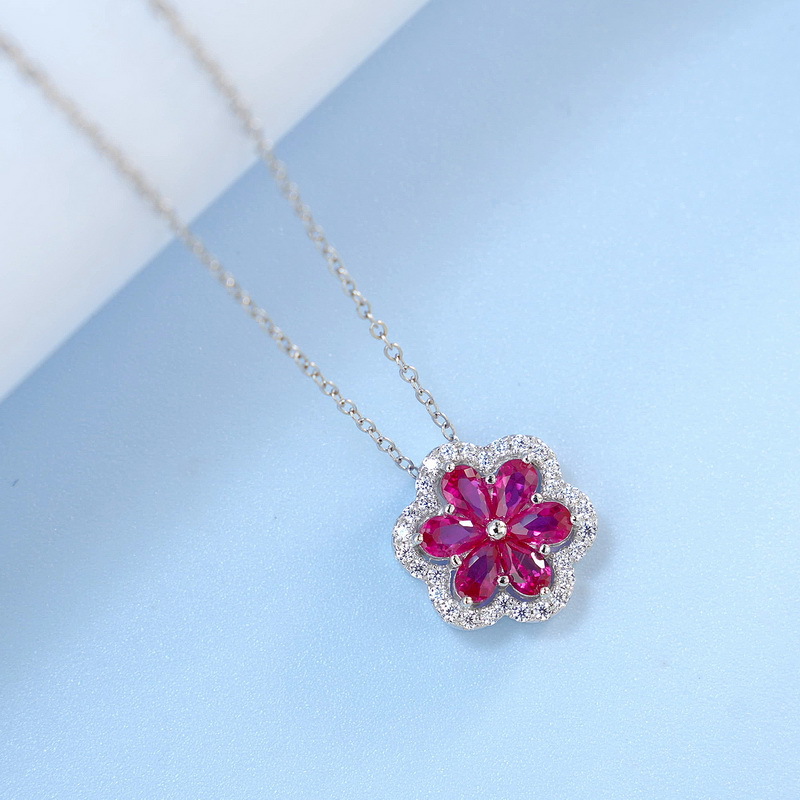 Ruby Pendant Necklace - 925 Sterling Silver Petal Design