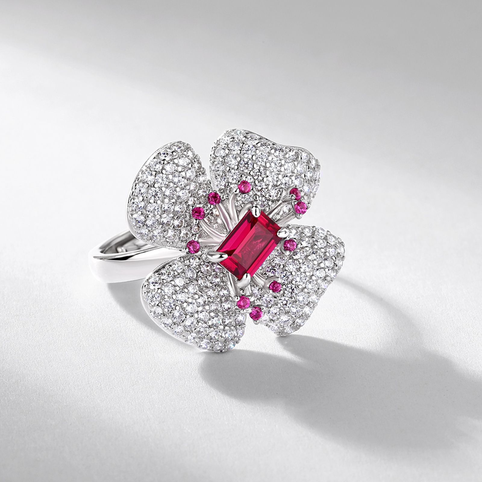 Ruby Heart Ring-Clover Petal Ruby Heart Ring in 925 Sterling Silver
