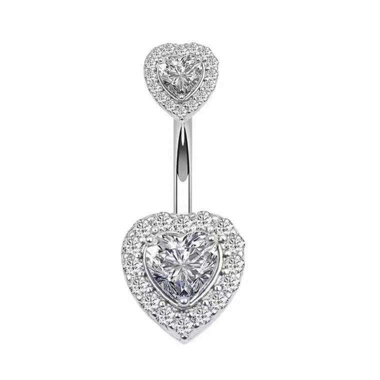 Heart CZ Belly Piercing Ring – Double Gem Curved Barbell 14G