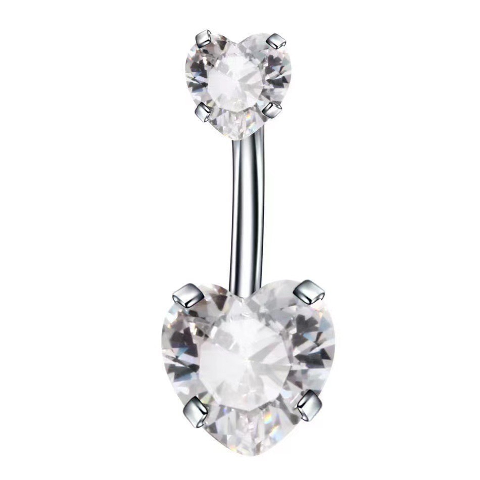 Heart CZ Belly Piercing Ring – Double Gem Curved Barbell 14G