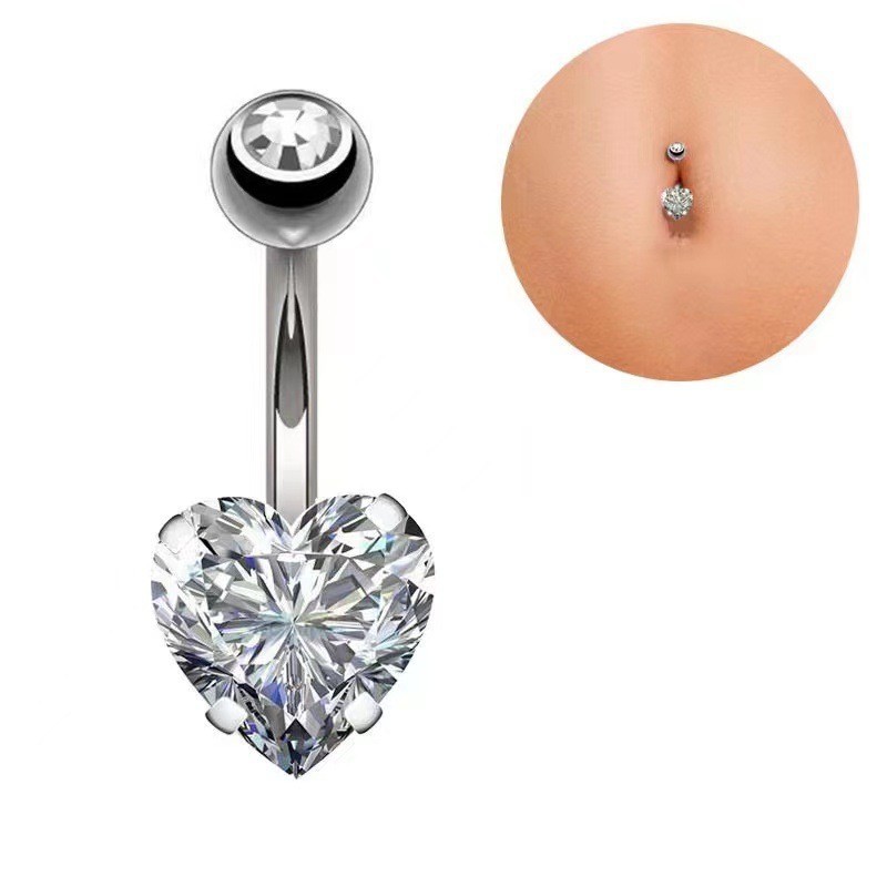 Heart CZ Belly Piercing Ring – Double Gem Curved Barbell 14G