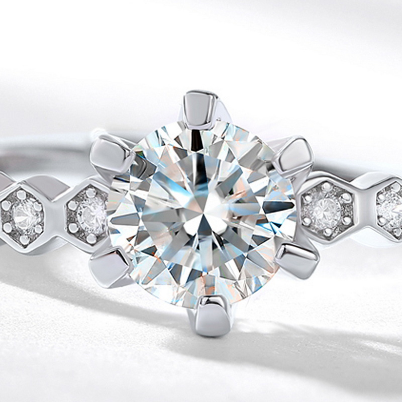 Hexagon Moissanite Engagement Ring – 6 Prong 8 Heart 8 Arrow Design