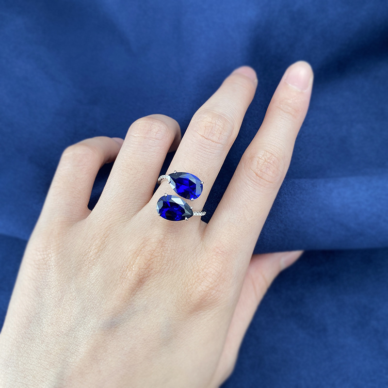 Sapphire Ring-S925 Silver Double Pear Blue Sapphire Open Ring