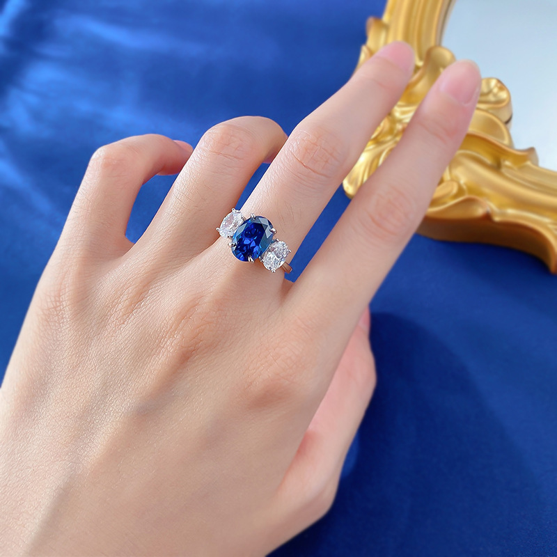 sapphire ring-S925 Silver Royal Blue Sapphire Three Stone Diamond Ring