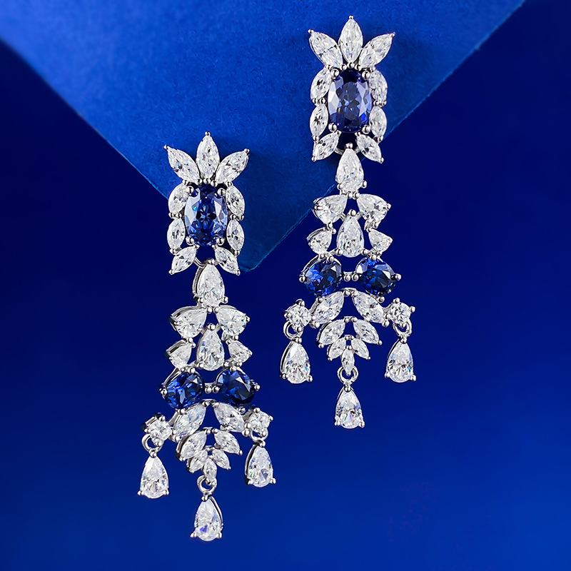  Sapphire Earrings-S925 Silver Tanzanite Blue Sapphire Oval Vintage Court Earrings