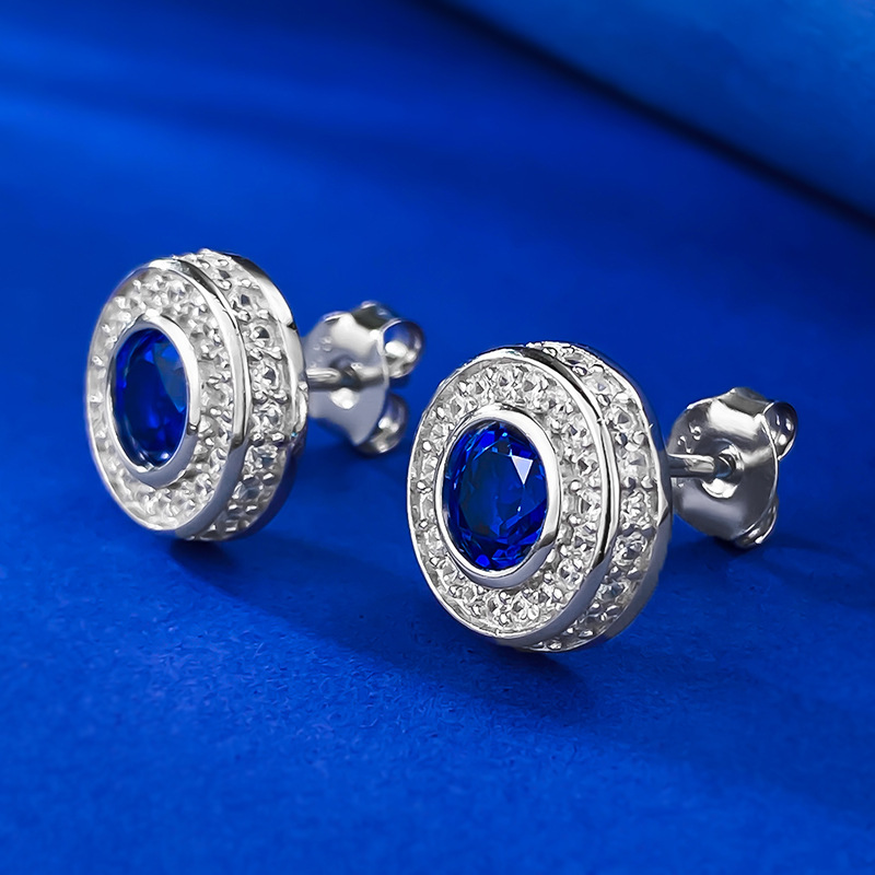 Sapphire Earrings-S925 Silver Round Blue Sapphire Pavé Diamond Stud Earrings