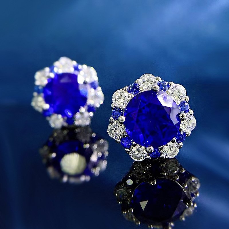 Sapphire Earrings-S925 Silver Floral Edge Blue Sapphire Stud Earrings