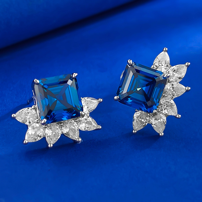 Sapphire Earrings-S925 Silver Royal Blue Square Sapphire Floral Stud Earrings