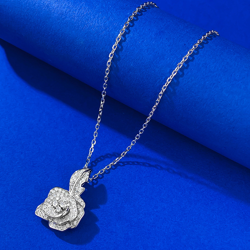 Moissanite Pendant Necklace - Camellia Flower in S925 Sterling Silver