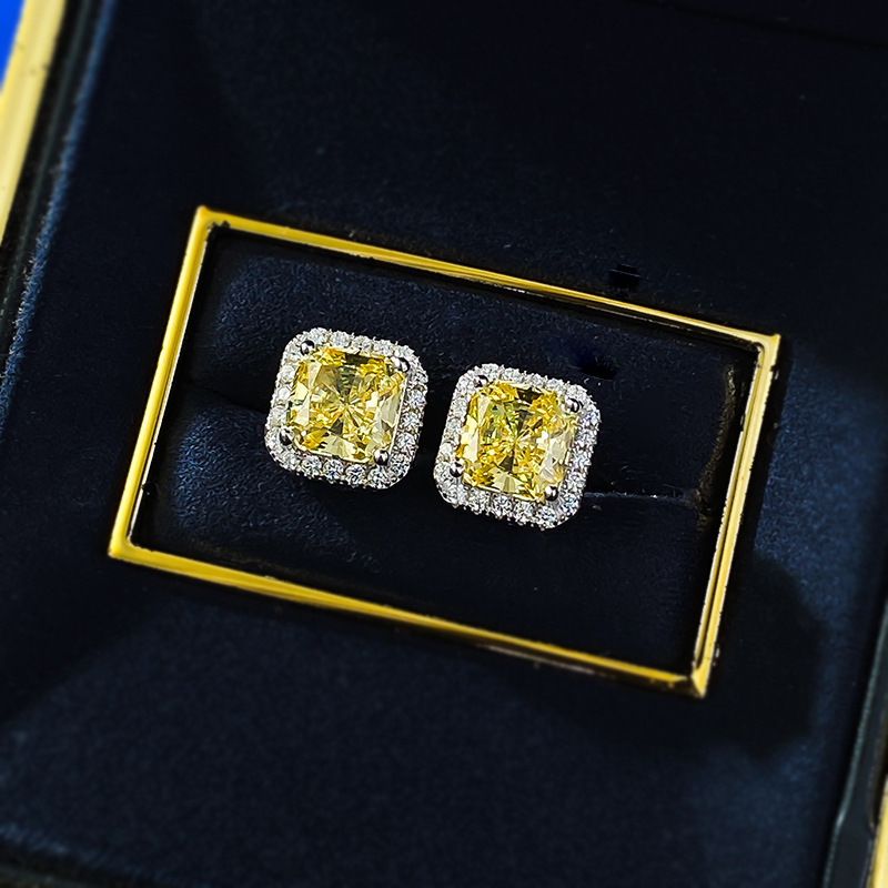 Yellow Sapphire Earrings - Ice-Cut Square Studs in S925 Sterling Silver