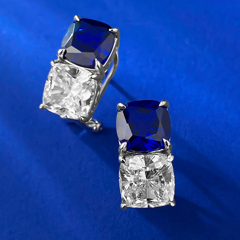 Sapphire Earrings - Blue & White Design in S925 Sterling Silver