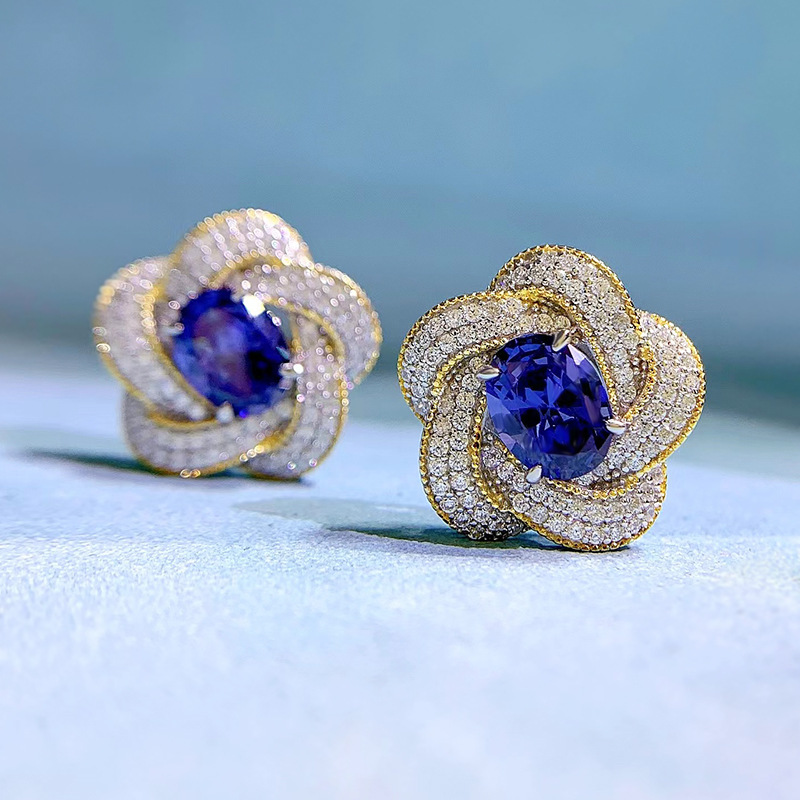 Sapphire Earrings - Floral Design in S925 Sterling Silver