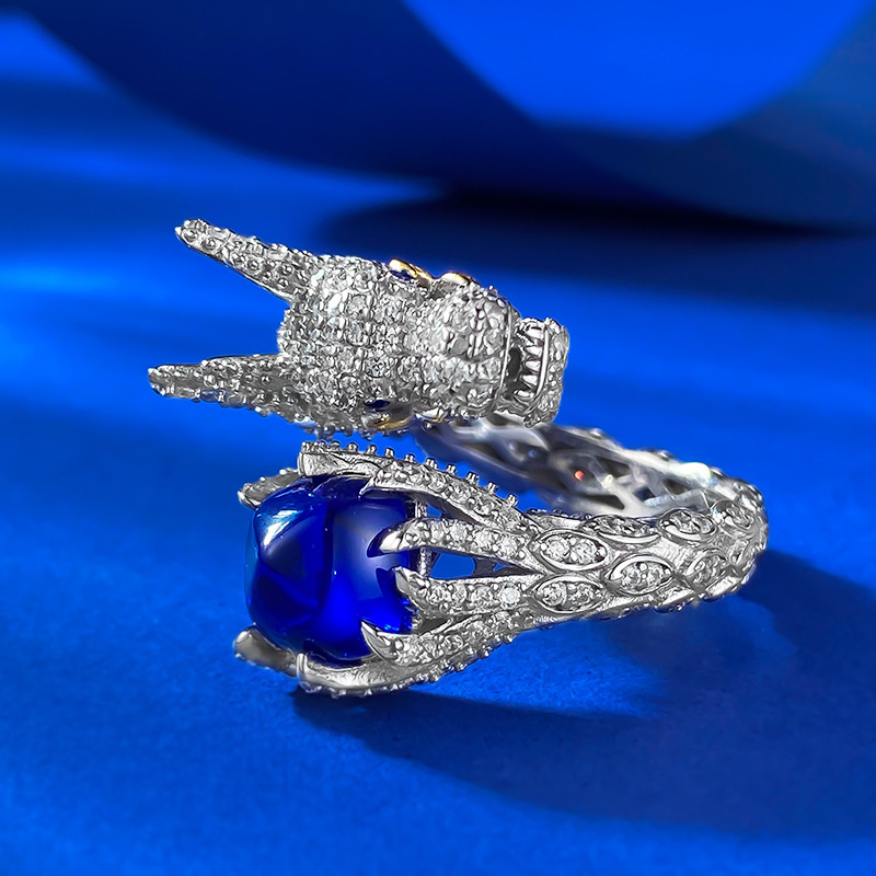 Sapphire Ring - Dragon Design Sugarloaf in S925 Sterling Silver