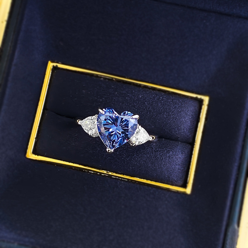 Sapphire Ring - Heart Blue-Gray Three Stone in S925 Sterling Silver