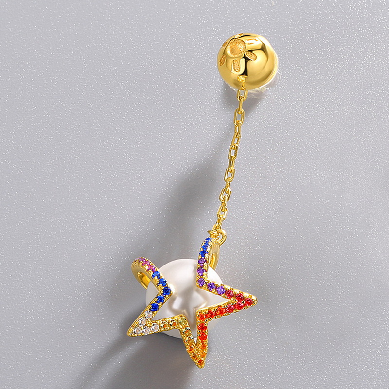 Model Wearing Celestial Pearl Dangle Earrings with Evening Gown