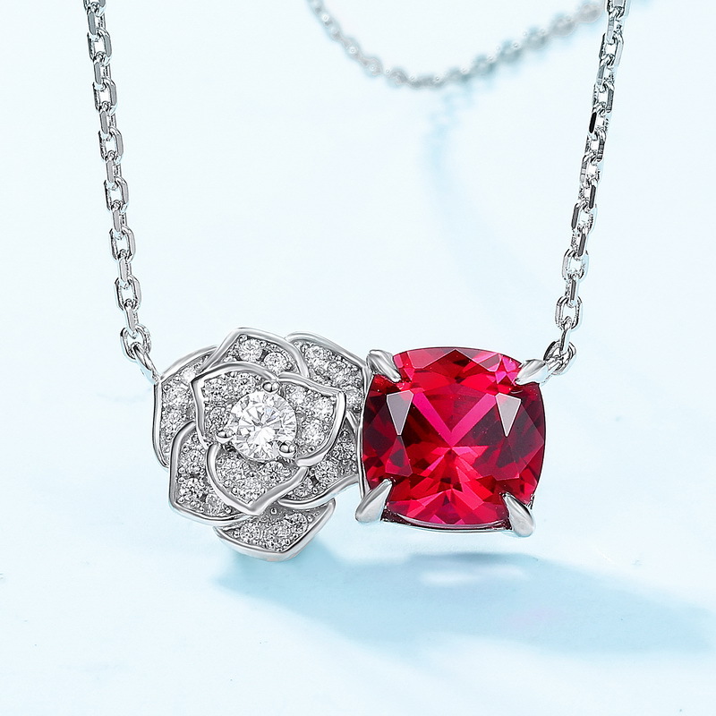 New Rose Flower Cultured Ruby Necklace | S925 Silver with Colorful Gemstones
