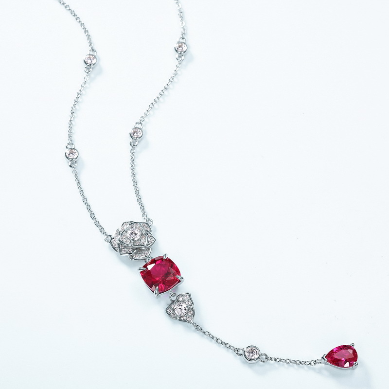 Simulation Rose Flower Cultured Ruby Long Necklace | S925 Silver with Colorful Gemstones